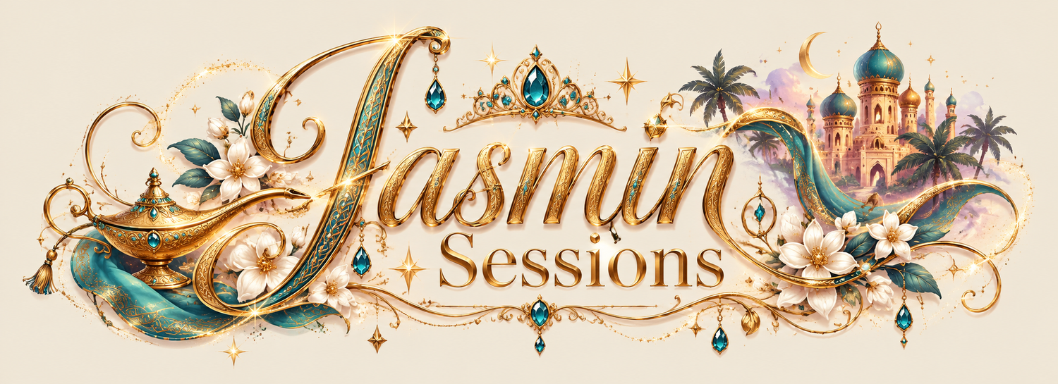 Ornate gold calligraphy logo for Jasmin Sessions with floral accents, jewels, and Arabian palace illustration.