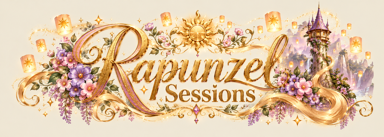 Rapunzel Sessions decorative logo with golden script, purple flowers, lanterns, and a tower silhouette.