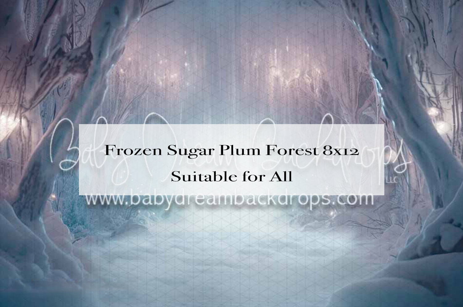 Frozen Sugar Plum Forest 8x12 photography backdrop featuring a snowy, purple-hued enchanted forest scene.