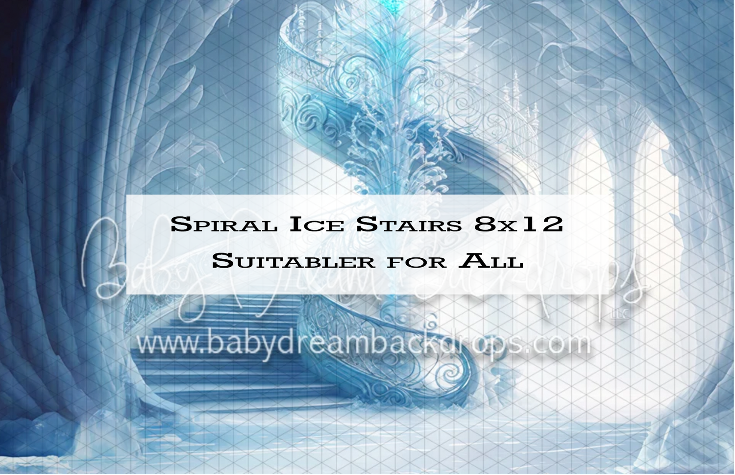 Fantasy spiral ice staircase photography backdrop, 8x12, suitable for all occasions, featuring frozen blue tones.