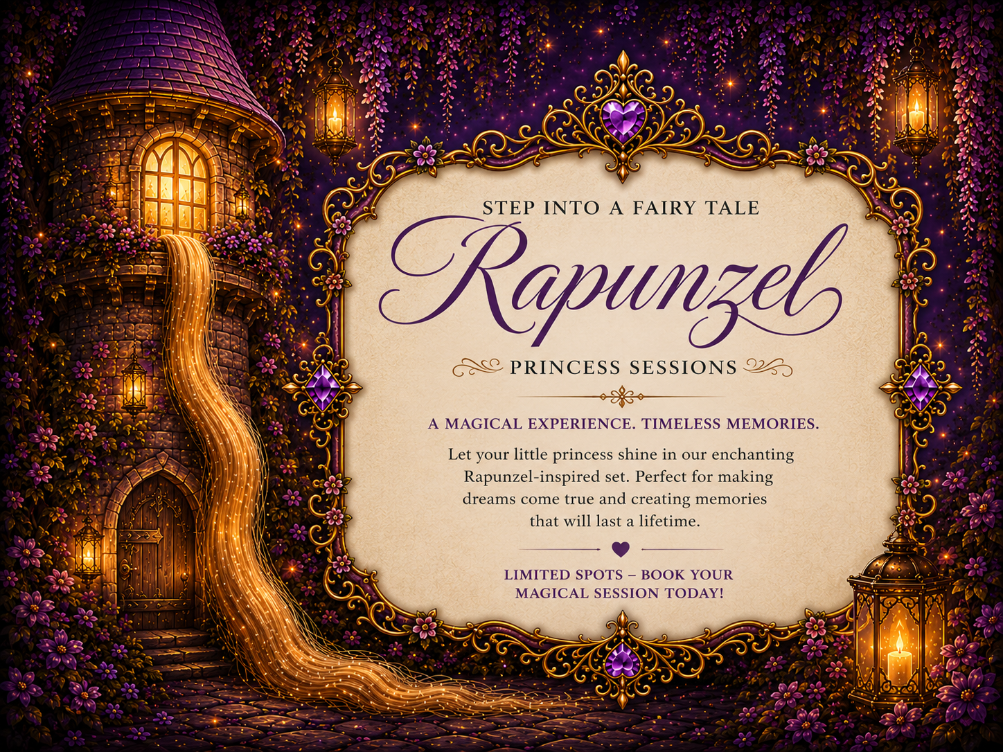 Enchanting Rapunzel princess session promotional poster with purple floral tower, golden lights, and fairy tale typography.