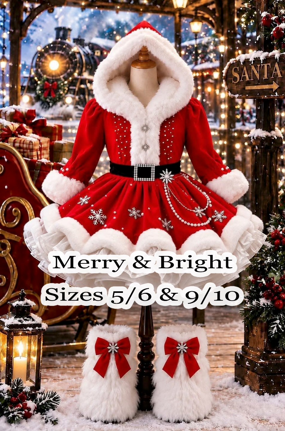Red velvet girls Santa dress with white fur trim, hood, black belt, snowflake details, and matching fur boots with red bows.