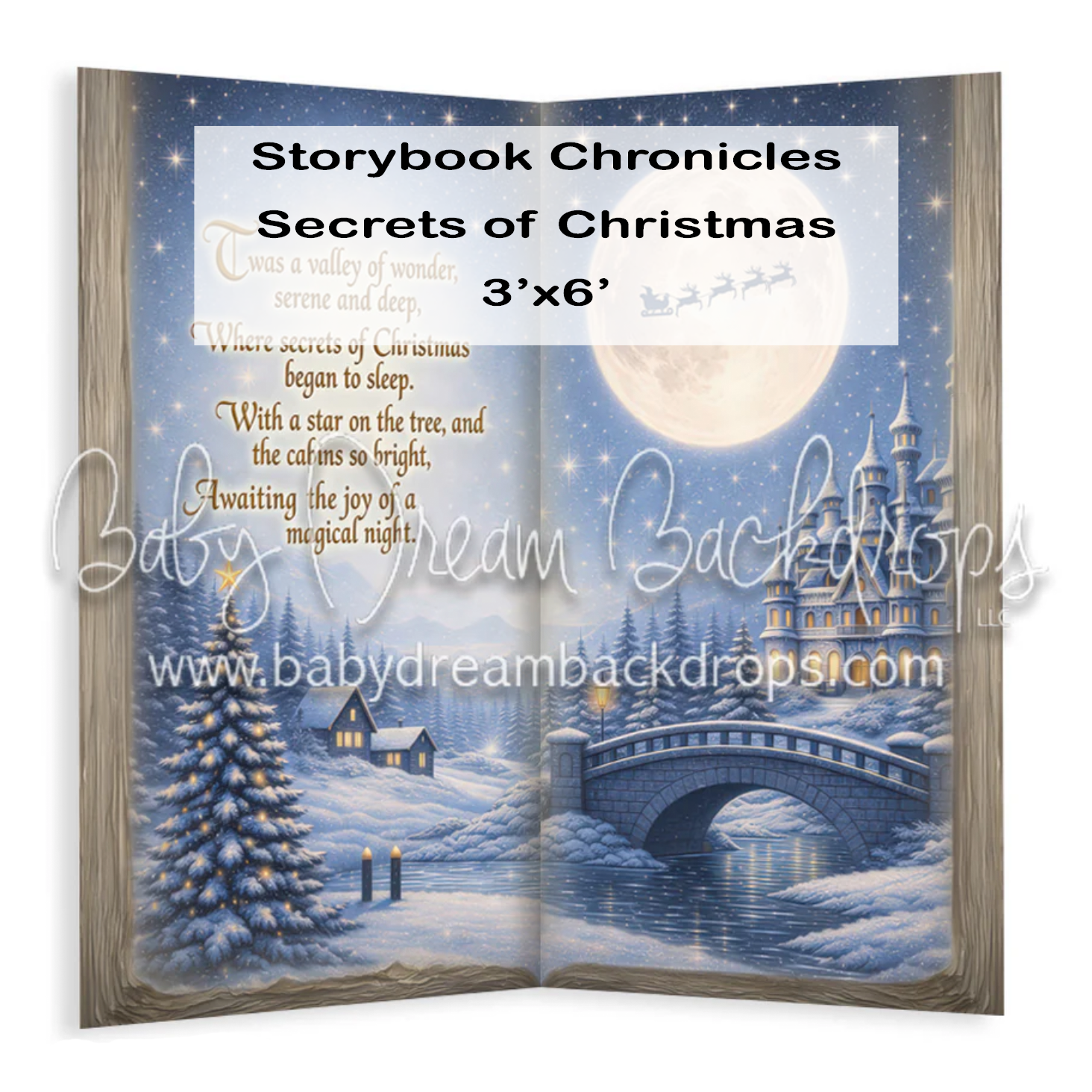 Secrets of Christmas storybook backdrop with snowy village, bridge, and holiday poem, 3x6 ft.