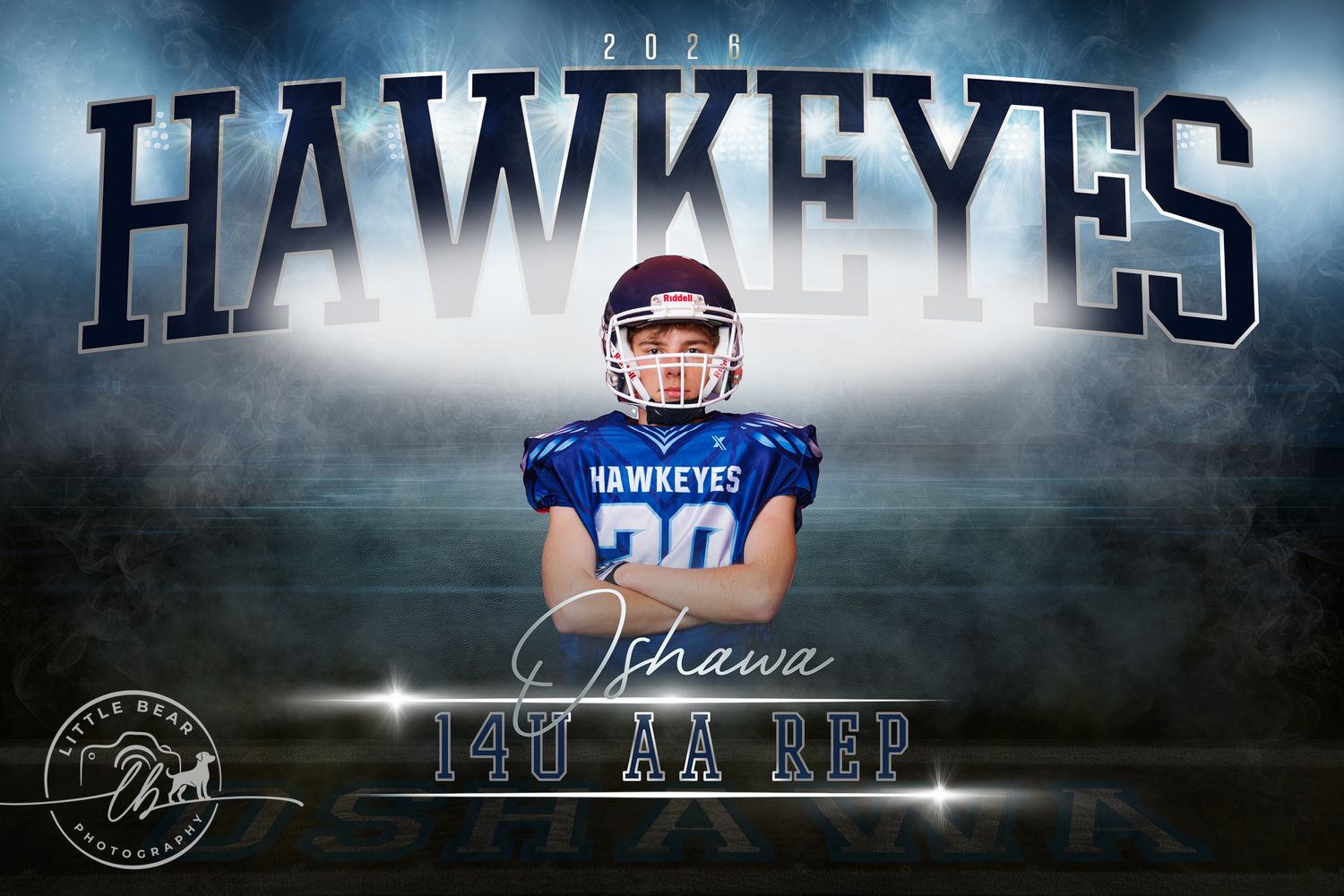 2024 Oshawa Hawkeyes 14U AA Rep football player #20 portrait with dramatic stadium lighting backdrop.