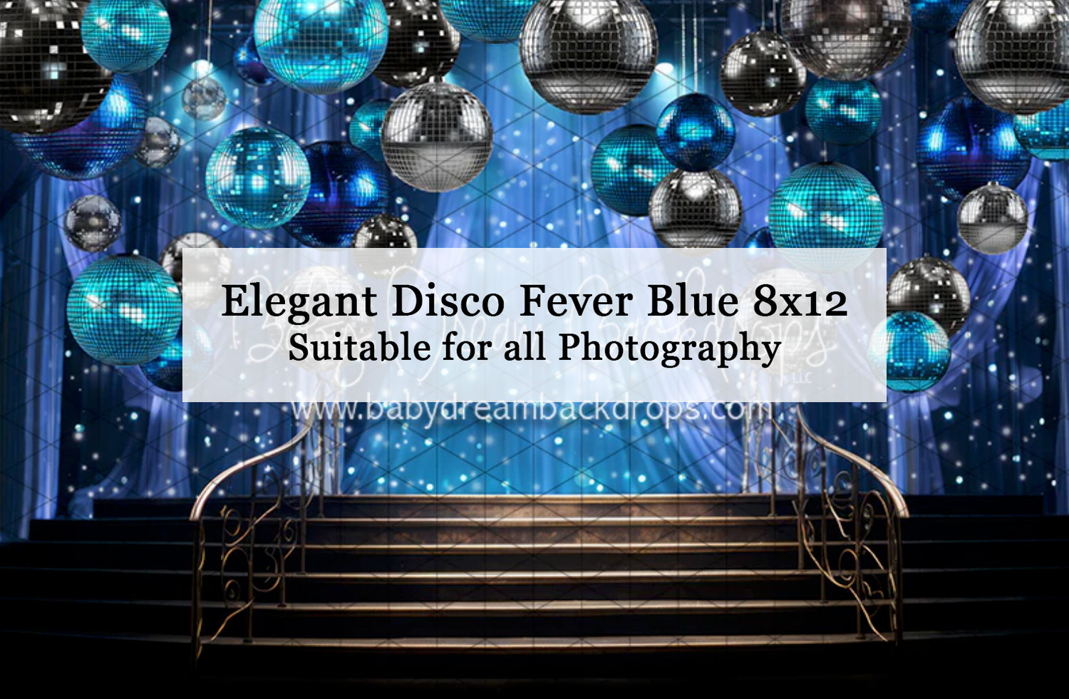 Elegant Disco Fever Blue 8x12 photography backdrop with blue and silver disco balls on a sparkling blue stage.