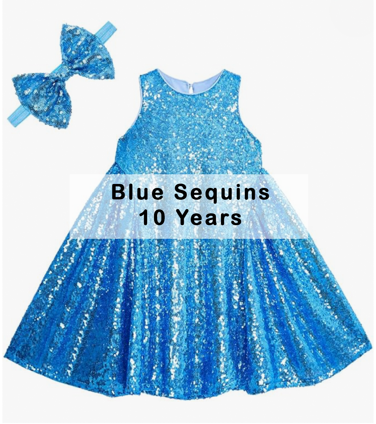 Girls blue ombre sequin sleeveless dress with matching bow headband, size 10 years.