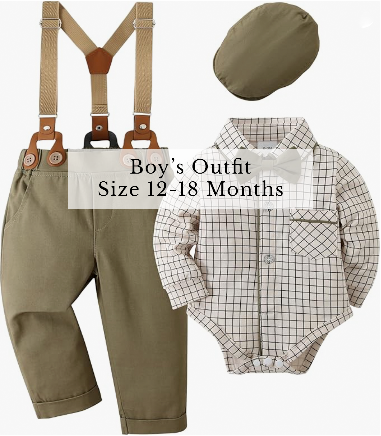 Boys size 12-18 months plaid shirt onesie, khaki suspender pants, and newsboy cap outfit set.