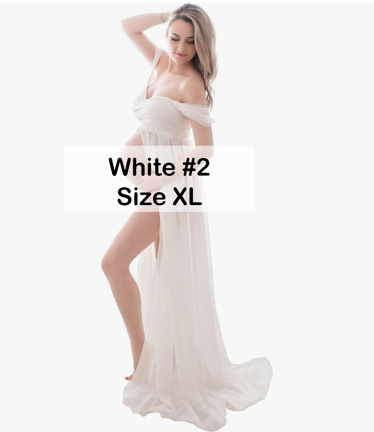 Pregnant woman in white off-shoulder split chiffon maternity gown, style 2, size XL.