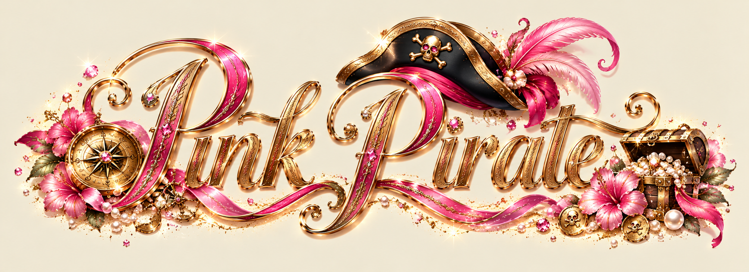 Decorative Pink Pirate logo with gold lettering, floral accents, and a pirate hat on a cream background.