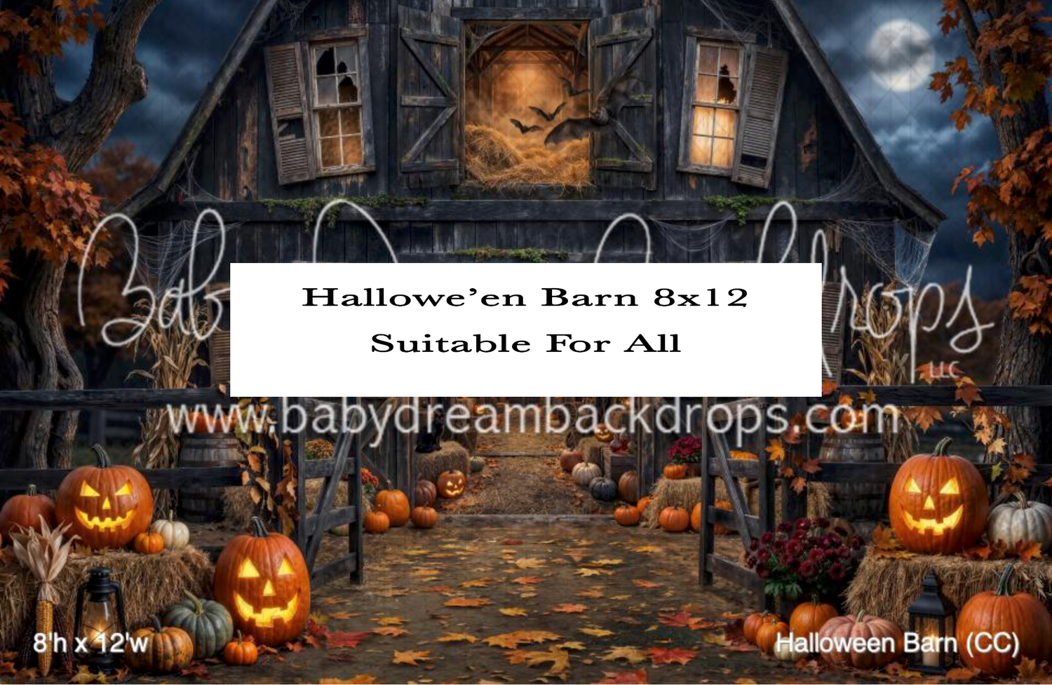 Spooky Halloween barn photography backdrop with pumpkins, scarecrow, and autumn leaves, 8x12, suitable for all.