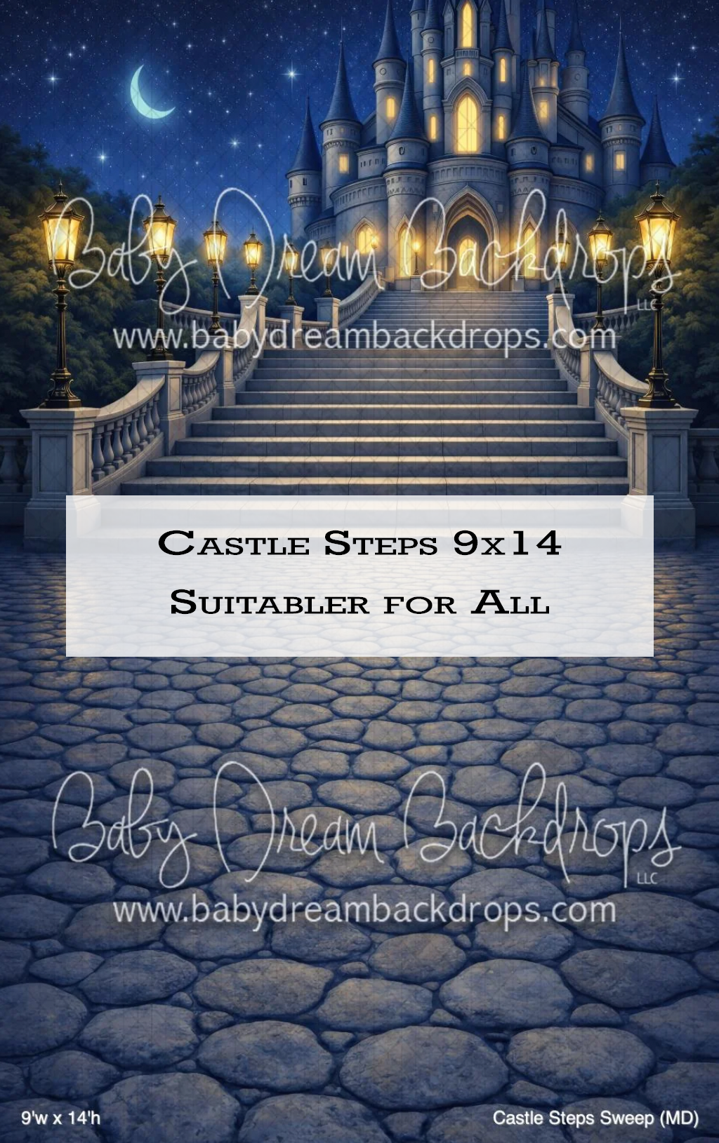 Enchanting castle steps photography backdrop with cobblestone path, glowing lanterns, and starry night sky, 9x14 size.