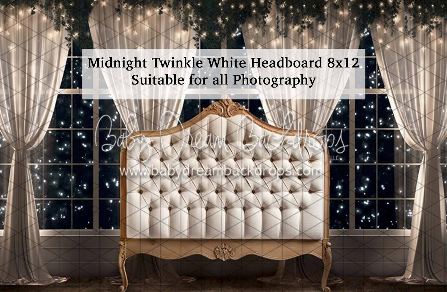 Midnight Twinkle White Headboard 8x12 photography backdrop with tufted headboard, sheer curtains, and sparkling lights.