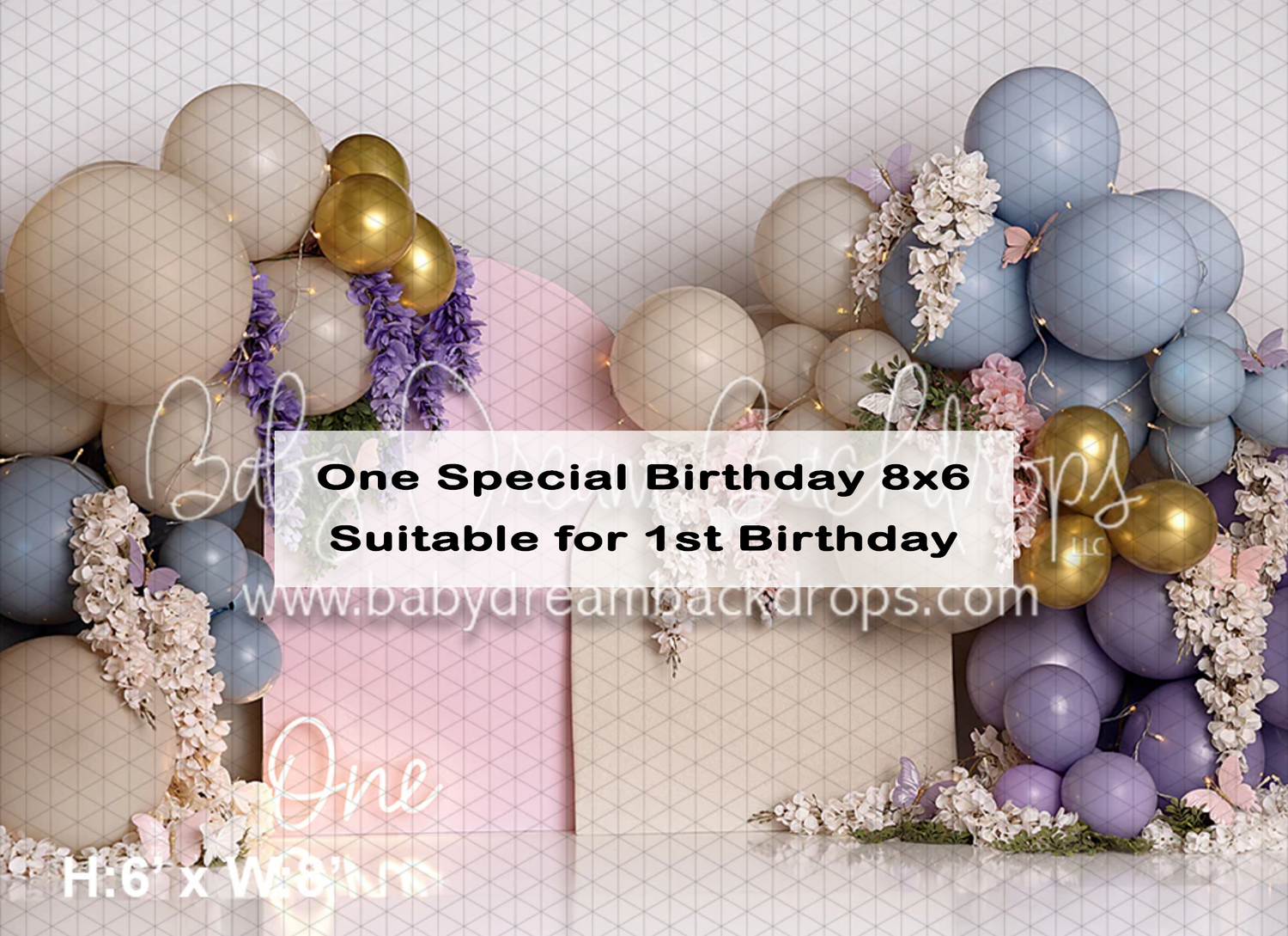 One Special Birthday balloon garland photography backdrop in blue and gold tones, 8x6 ft.