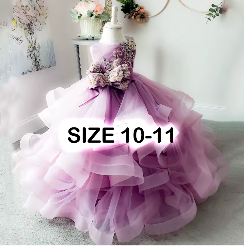 Purple tiered ruffle ball gown dress for girls size 10-11 with floral applique and bow waist detail.