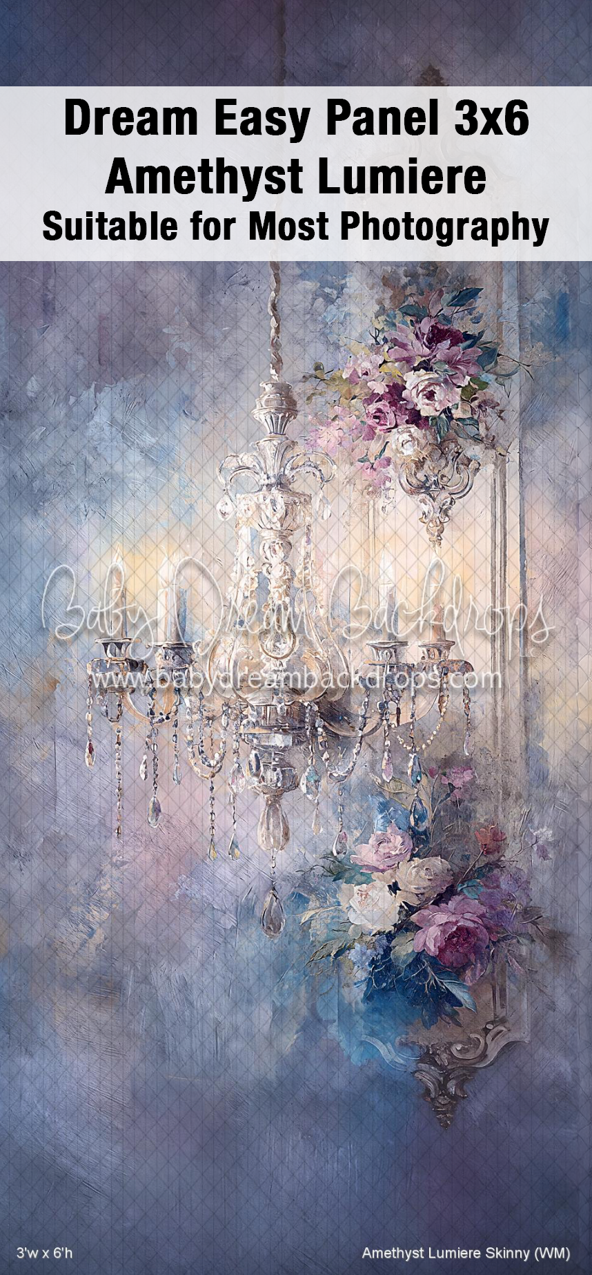 Elegant photography backdrop featuring a crystal chandelier with pink and purple roses on a dreamy blue-purple textured background.