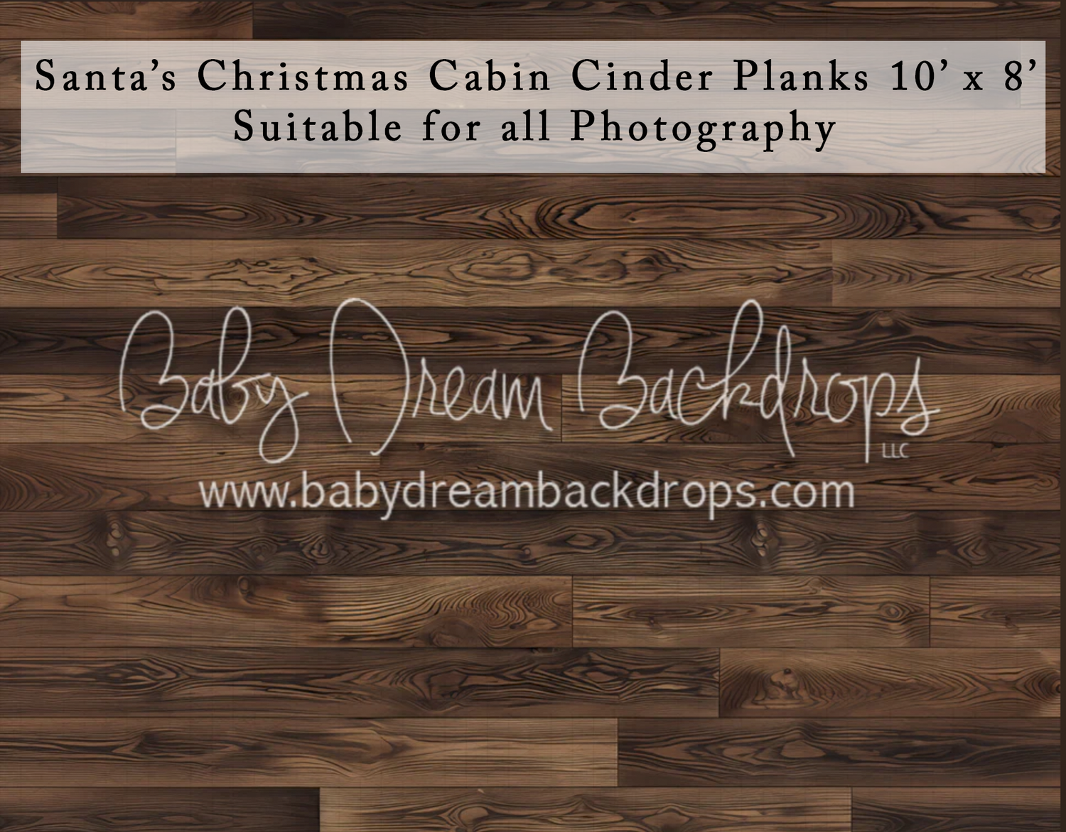 Dark wood plank photography backdrop featuring Santa's Christmas Cabin Cinder design, 10x8 ft.
