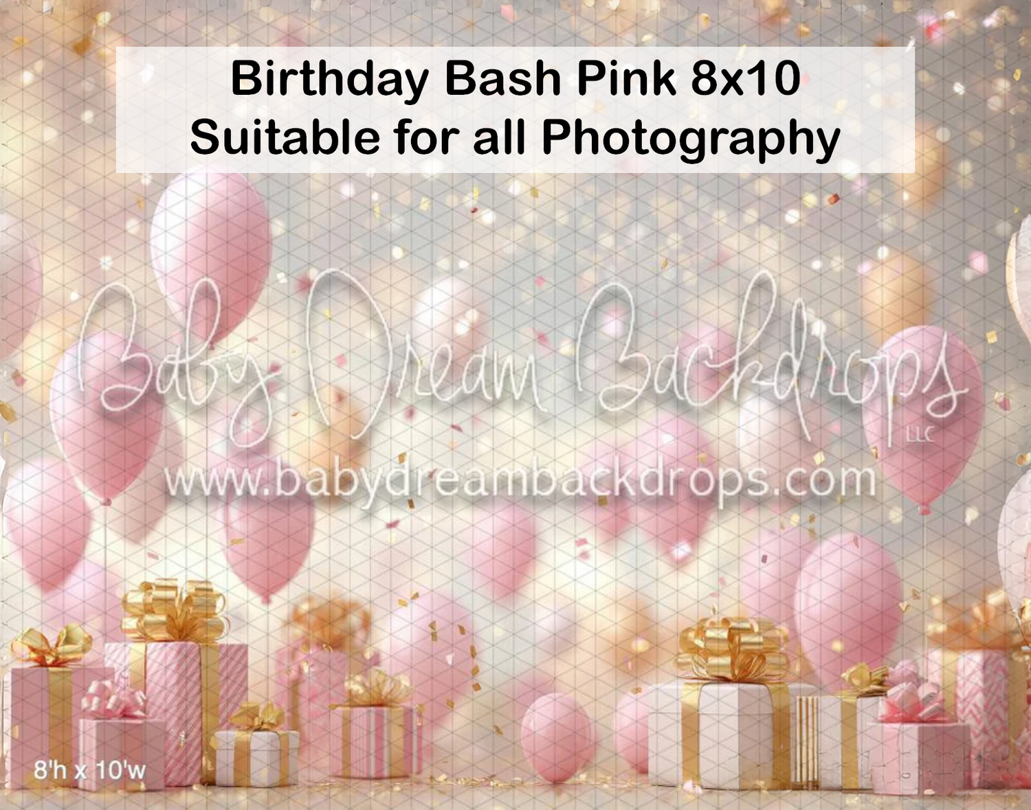 Pink birthday bash 8x10 photography backdrop with balloons, gift boxes, and golden confetti on a soft bokeh background.