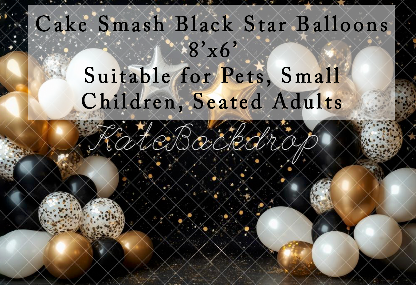 Black and gold cake smash backdrop with balloons, stars, and glitter, 8x6ft, suitable for pets, children, and adults.
