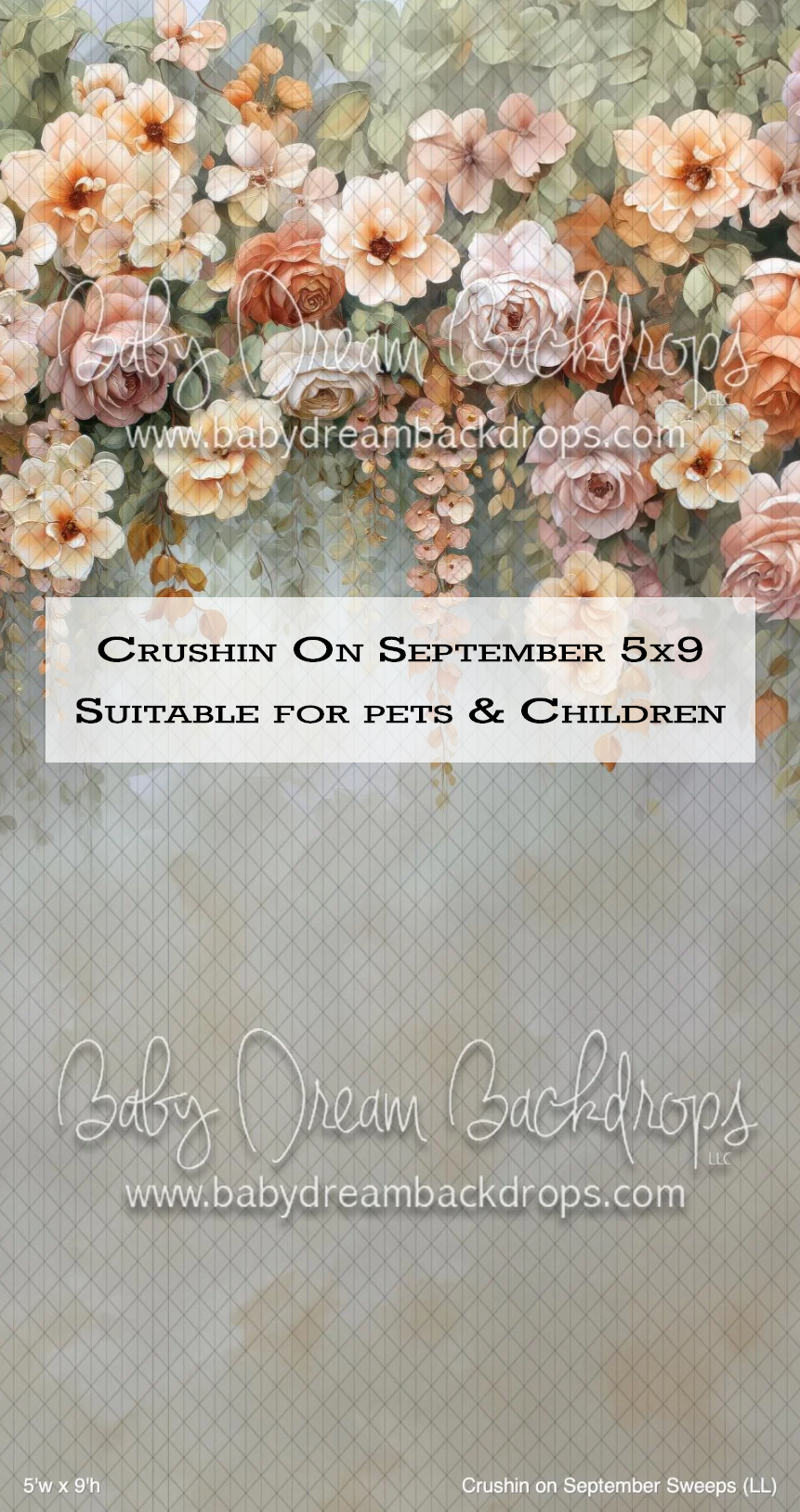 Floral photography backdrop featuring peach and pink roses with sage greenery, suitable for pets and children, by Baby Dream Backdrops.