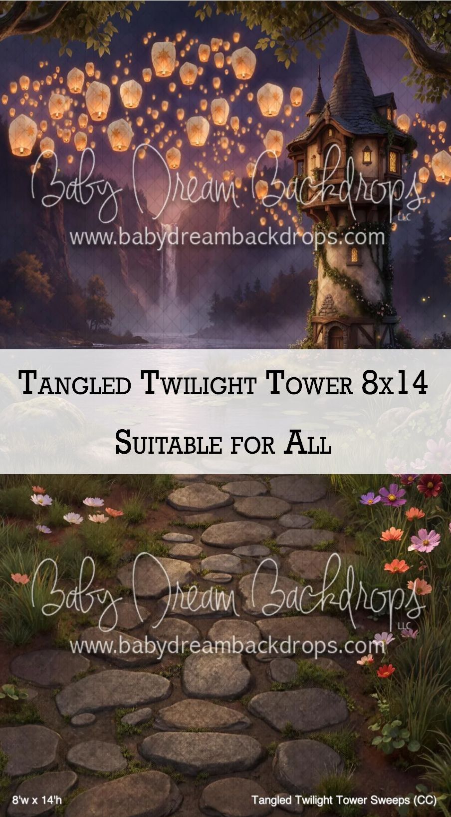 Tangled Twilight Tower 8x14 photography backdrop featuring a fairy tale tower with floating lanterns and a stone path.