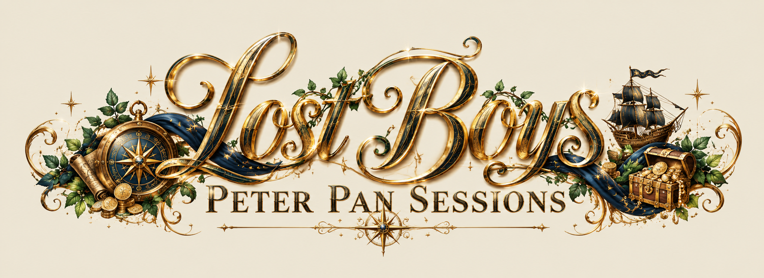 Ornate gold logo for Lost Boys Peter Pan Sessions with decorative scrollwork, compass, and pirate ship on cream background.