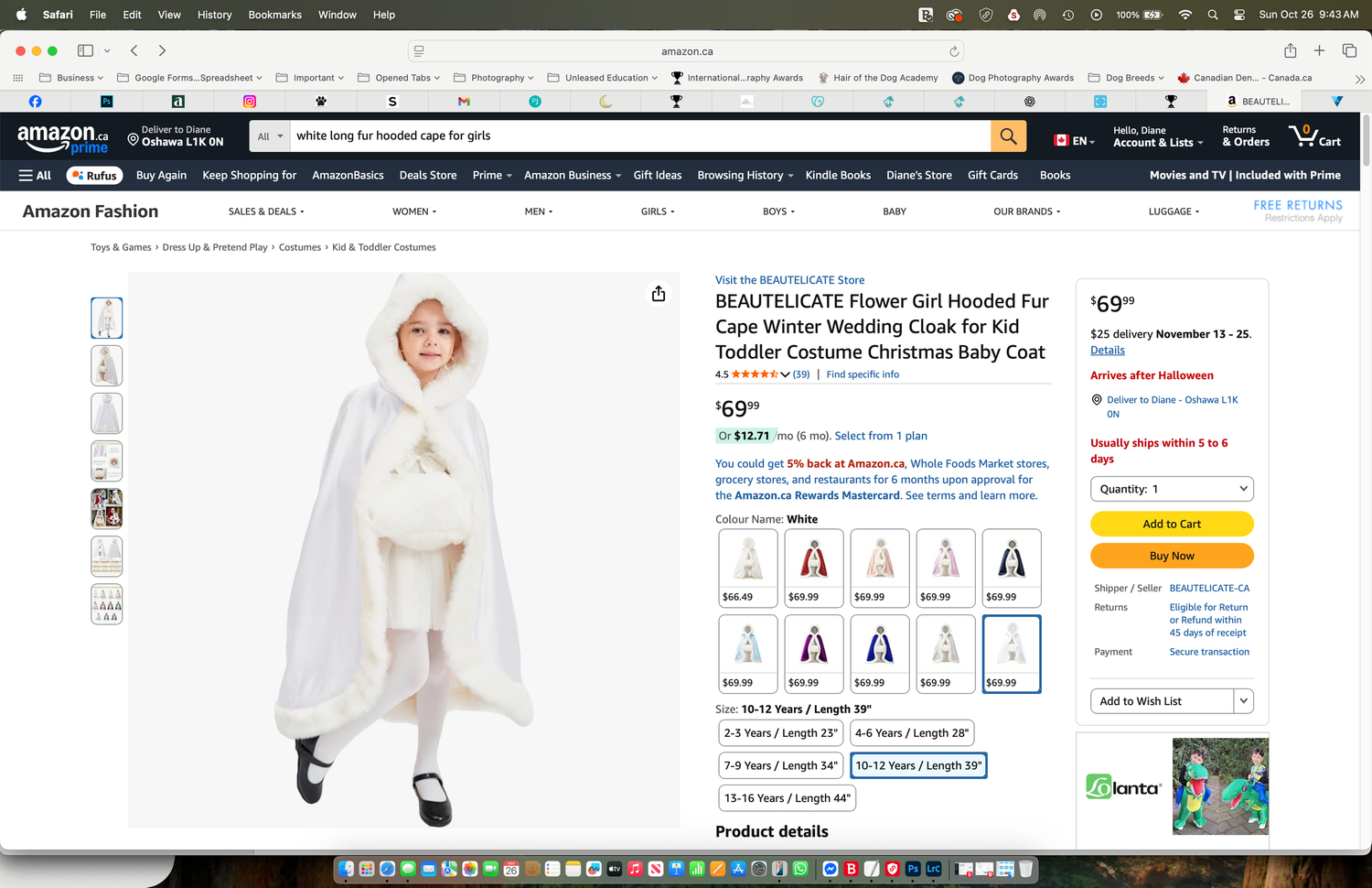 Amazon product page for a white hooded fur cape flower girl winter wedding costume for kids and toddlers.