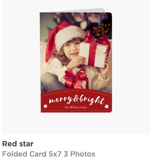 Red star folded 5x7 Christmas card featuring a girl in Santa hat holding a gift with merry and bright text.