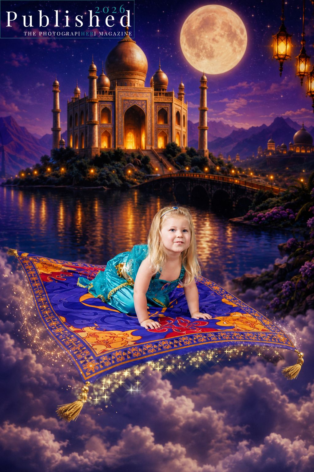 A young girl in a teal costume poses on a magic carpet flying over clouds near a glowing Taj Mahal under a full moon.
