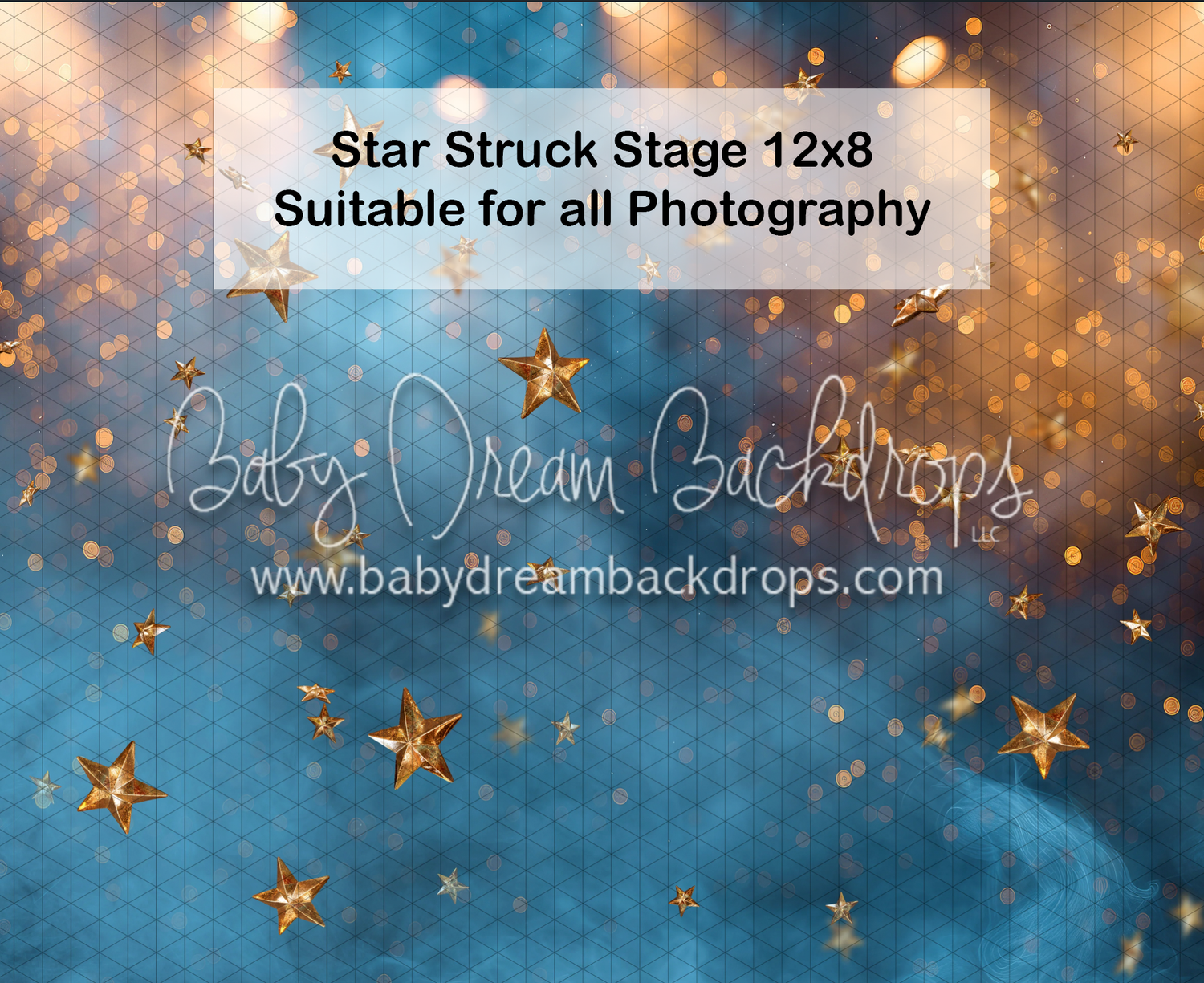 Blue and gold star photography backdrop by Baby Dream Backdrops, Star Struck Stage 12x8, suitable for all photography.