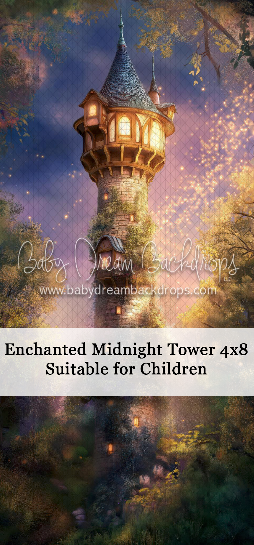 Enchanted Midnight Tower 4x8 photography backdrop featuring a glowing fairytale tower surrounded by magical golden lights.
