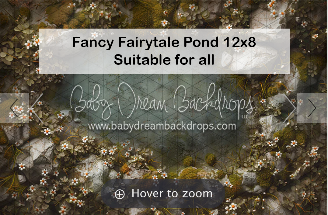 Fancy Fairytale Pond 12x8 photography backdrop with dark floral moss and white flowers suitable for all photography.