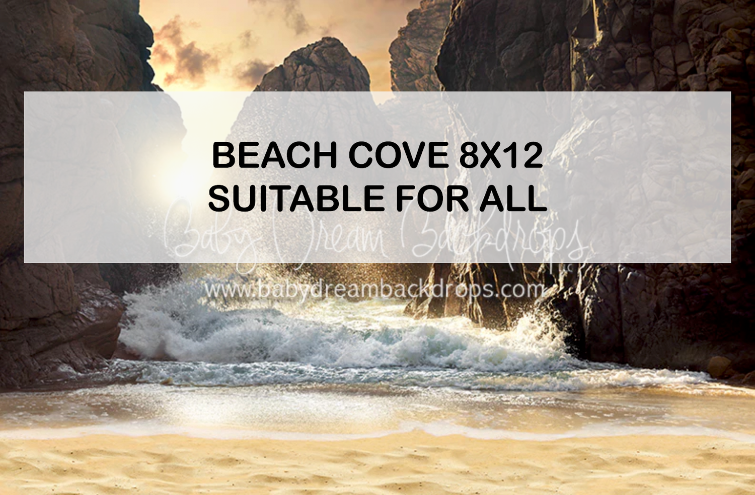 Beach cove photography backdrop 8x12, suitable for all, featuring dramatic rocky cliffs and ocean waves at sunset.