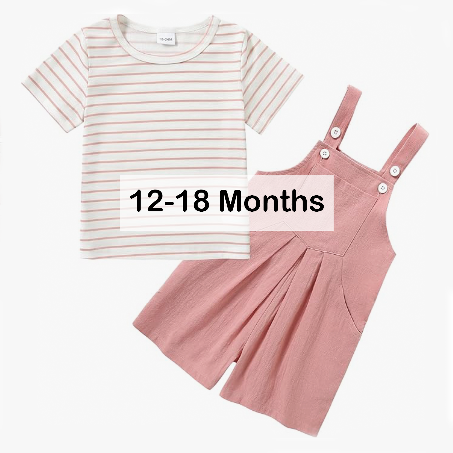 Girls 12-18 month casual set with striped white tee and pink linen overall shorts outfit.