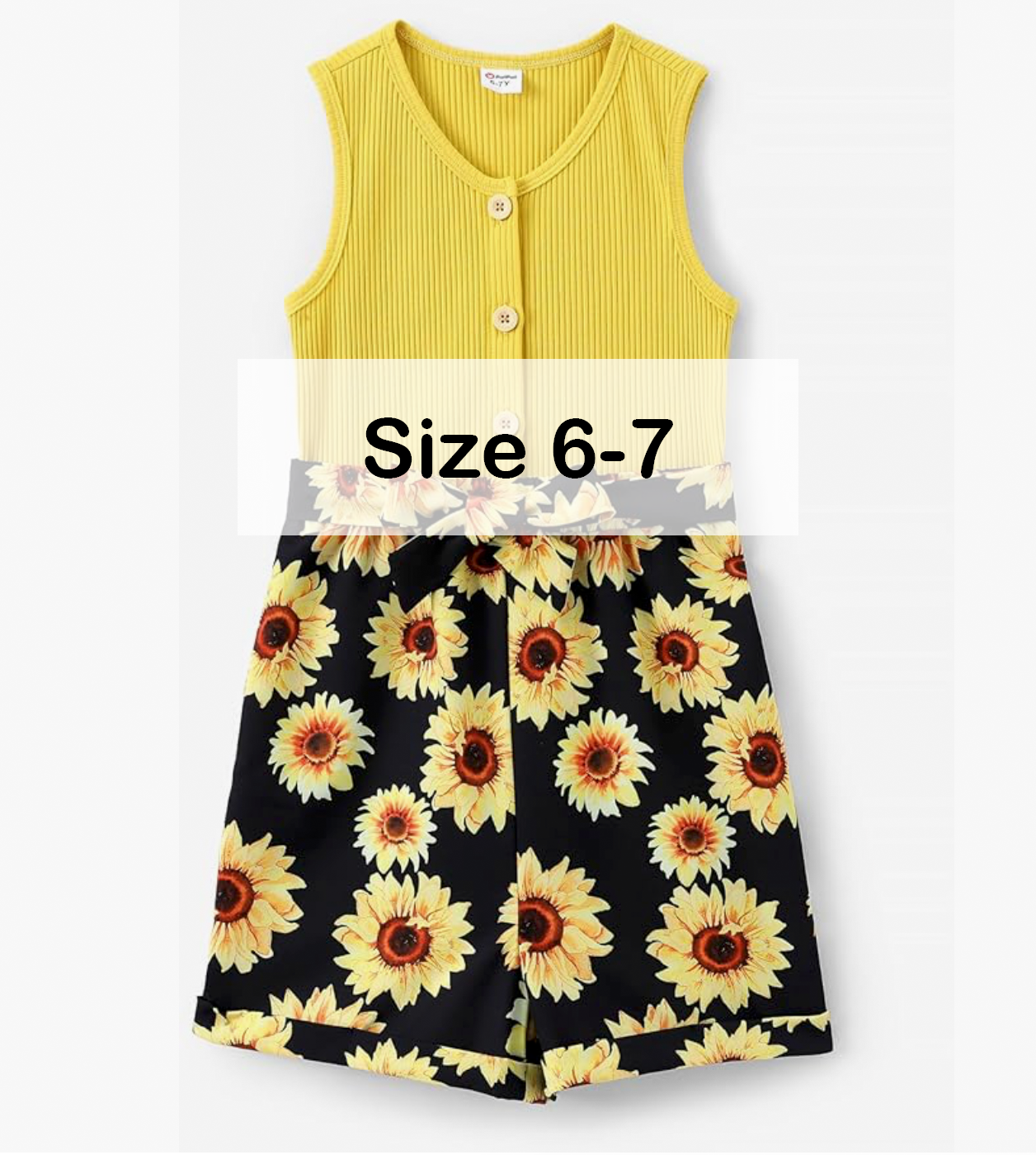 Yellow ribbed sleeveless top with sunflower print shorts set for girls, size 6-7.