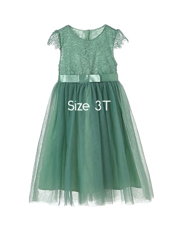 Green lace and tulle flower girl dress with satin bow, size 3T.