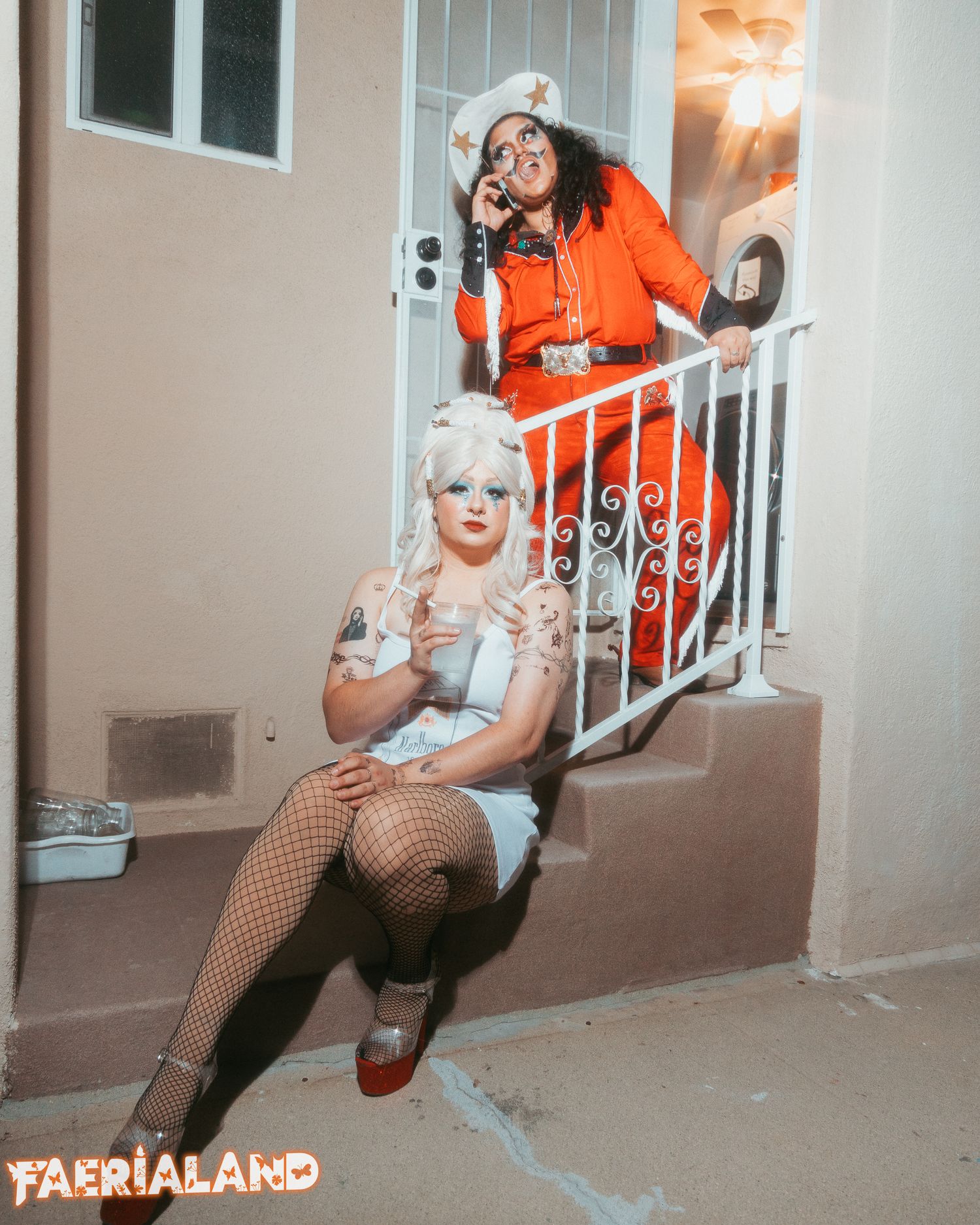 Photo of two drag artists, photographed by Los Angeles LGBT+ photographer Bohenne Arreaux. Photographed at Faerialand