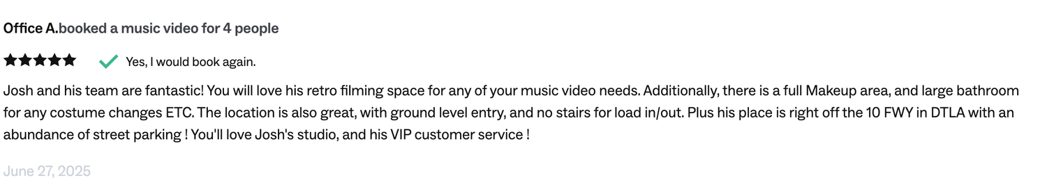 Screenshot of one of YUQ Studios Peerspace reviews. Five star photography studio in Los Angeles.