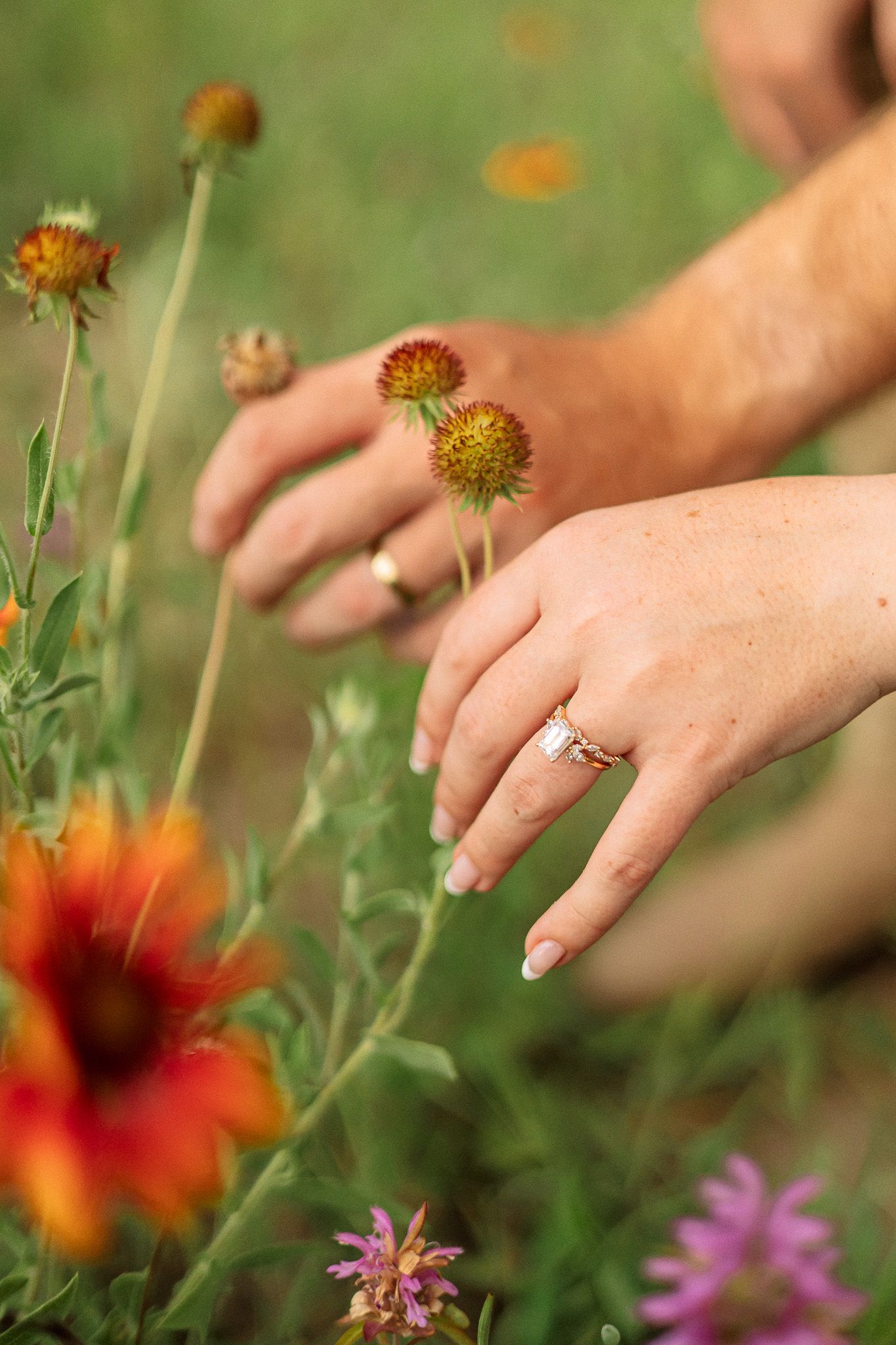 Couples ring engagement session wildflower field Tampa Florida wedding photographer