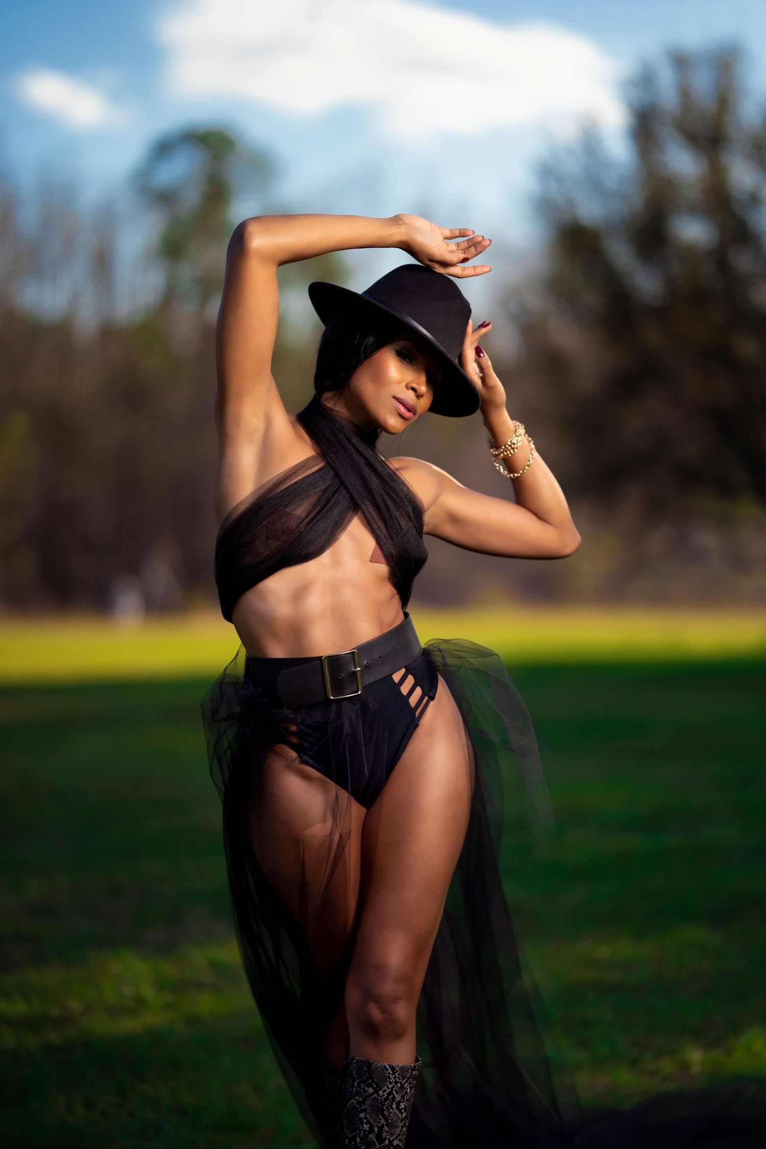 Silhouetted figure in black hat poses dramatically in outdoor field setting.