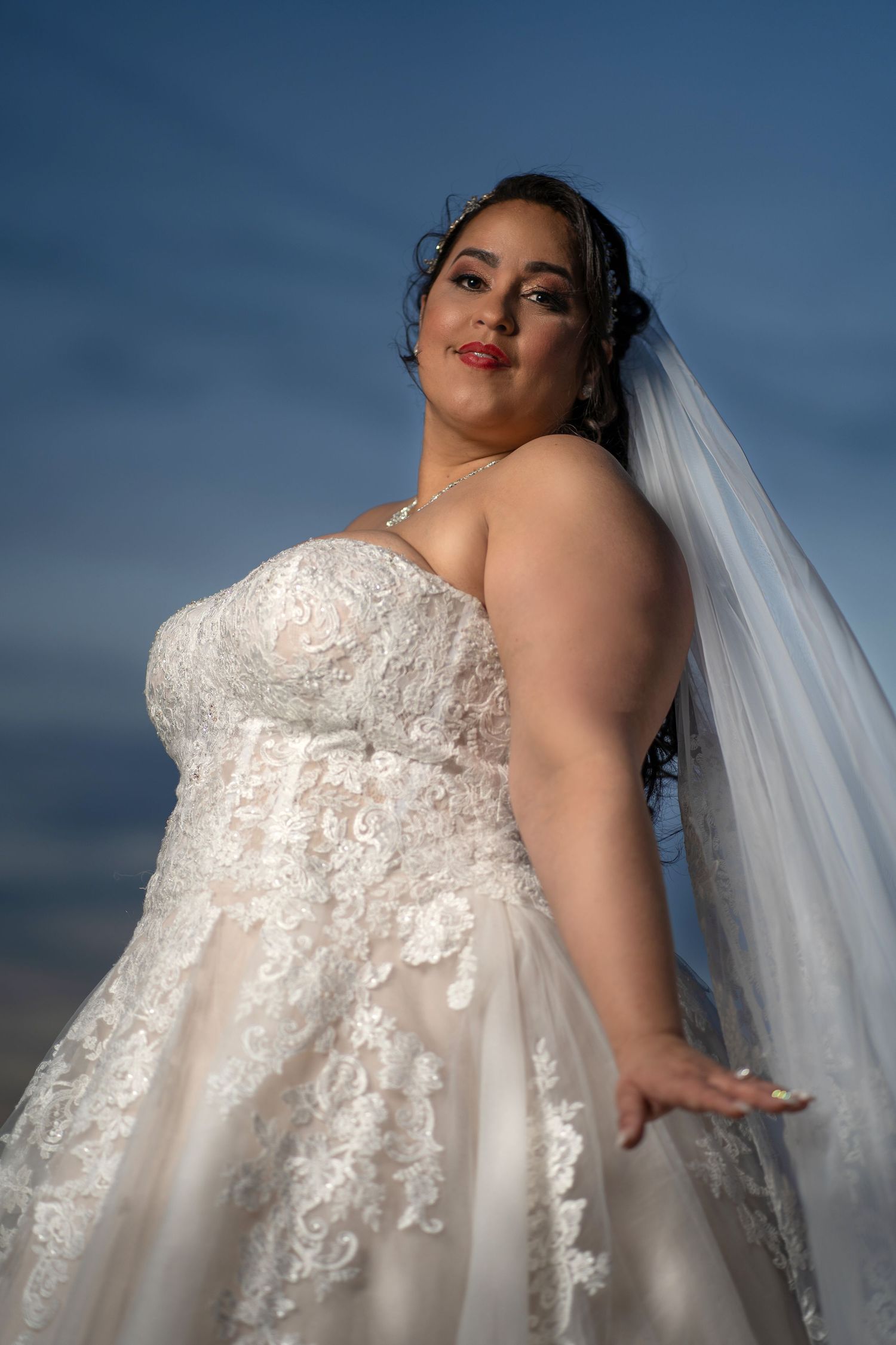 A plus-size bride poses outdoors in a strapless lace wedding gown with a flowing veil against a blue sky.