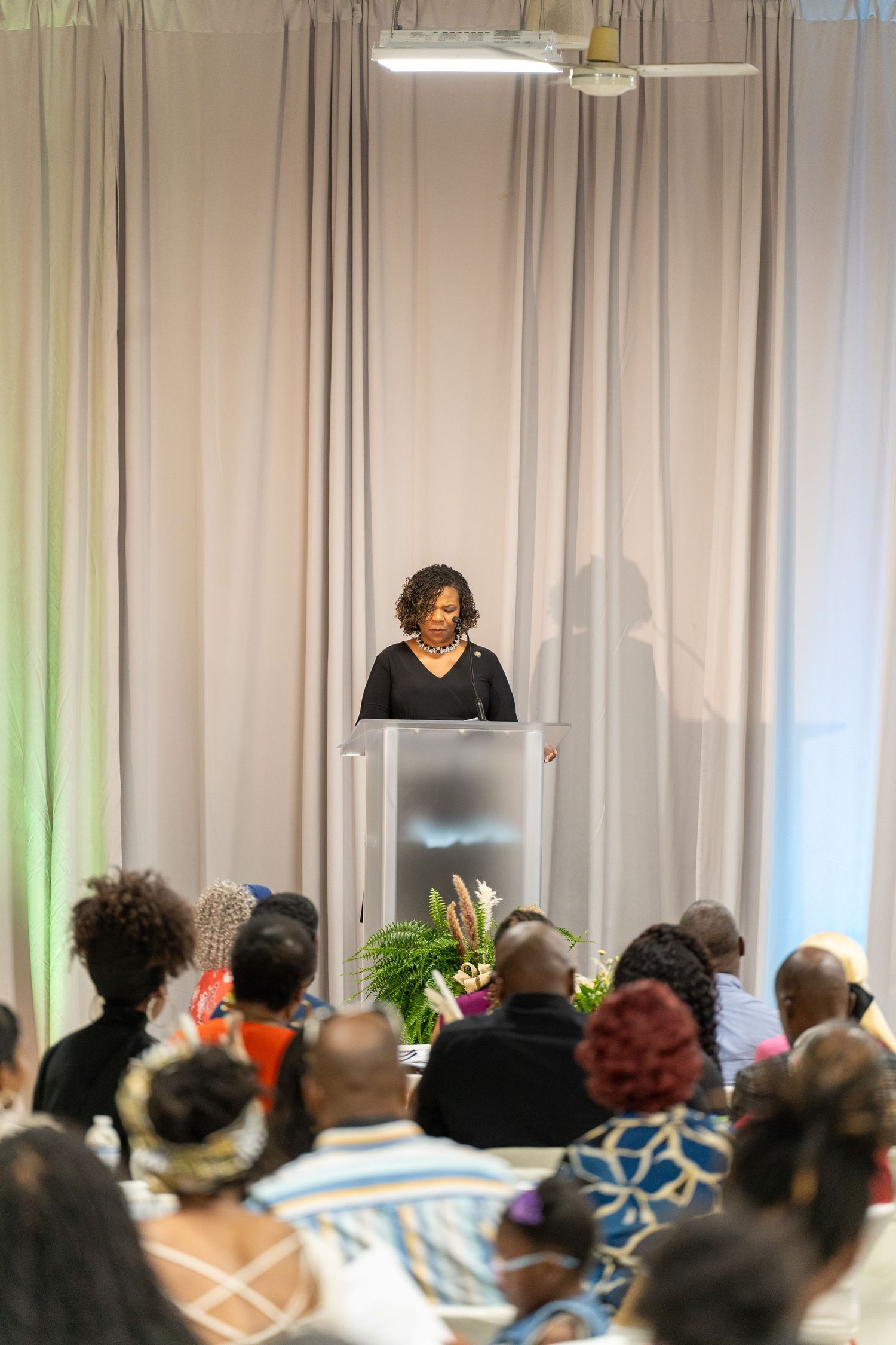 Woman in black dress speaking at podium before seated audience at formal event with white curtain backdrop.
