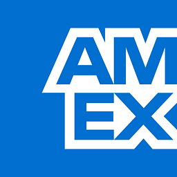American Express logo featuring bold white AM EX letters on a vibrant blue background.