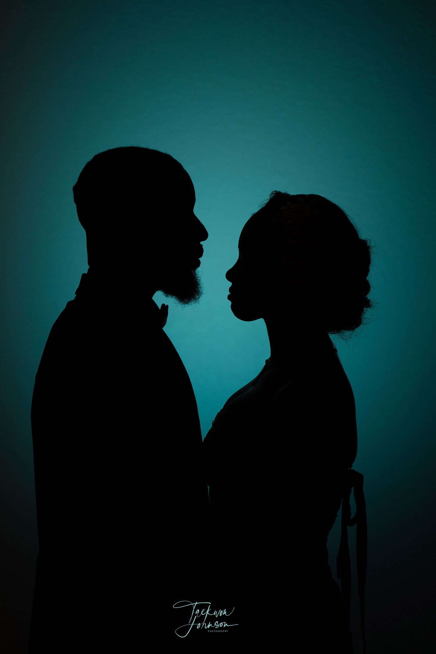 Artistic silhouette series of a couple against a teal blue background.