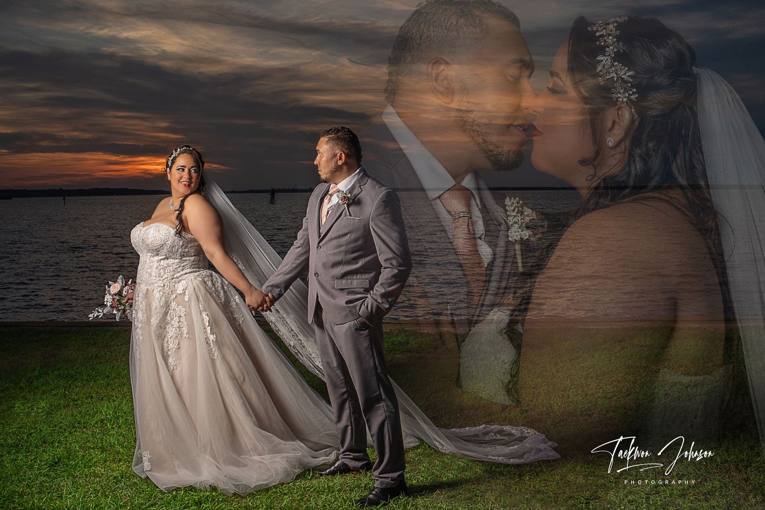 Multiple exposure wedding portraits showing couple in romantic poses at sunset.