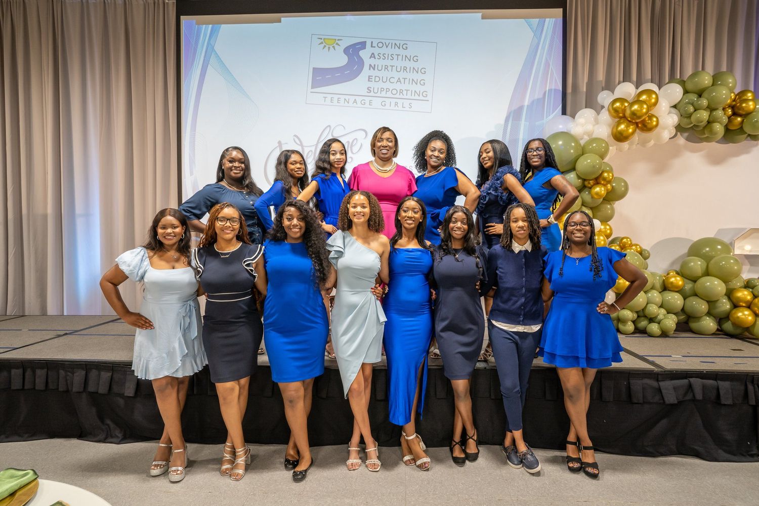 Series of group photos showing women in blue outfits posing at a formal event.
