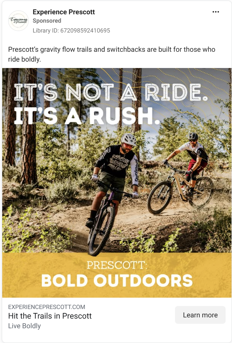 Mountain bikers ride through scenic trails in Prescott with bold text overlays promoting outdoor adventure experiences.