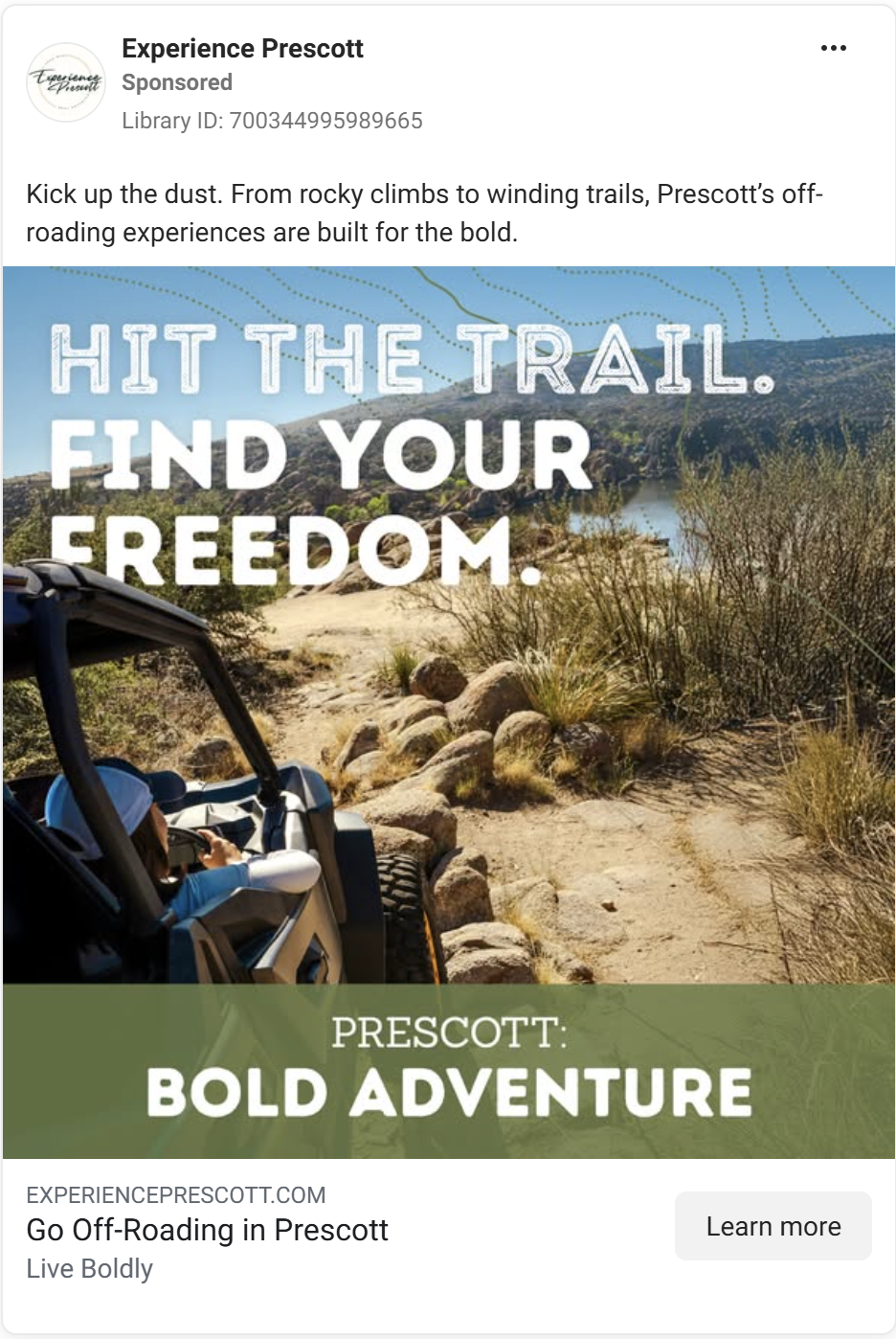 Off-road vehicle navigates rocky desert trail with mountain views in Prescott's outdoor adventure advertisement.