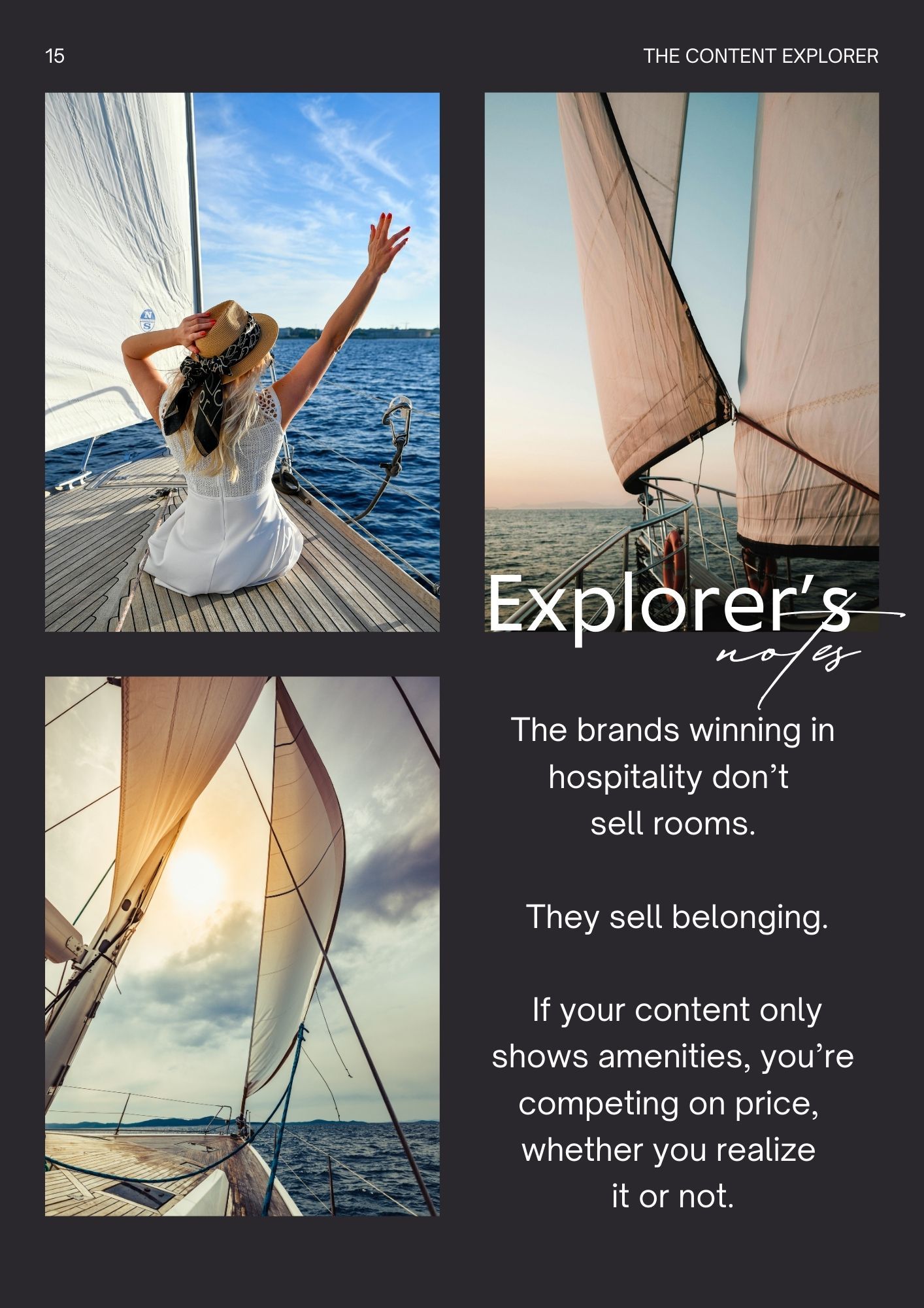 Collage of sailing yacht photos with text overlays about hospitality branding and customer experience.