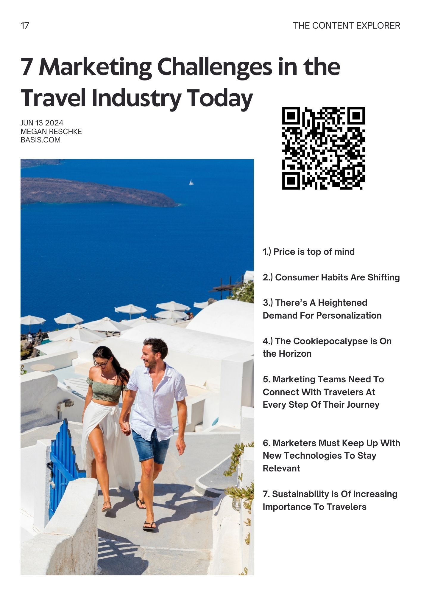 Marketing challenges infographic showing 7 key issues facing the travel industry with coastal destination background.