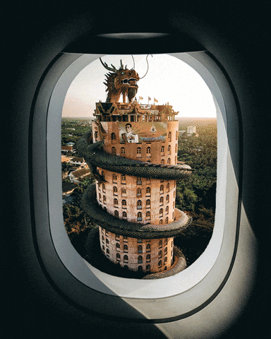 Architectural photo sequence showing a unique cylindrical tower building viewed through airplane windows at sunset.